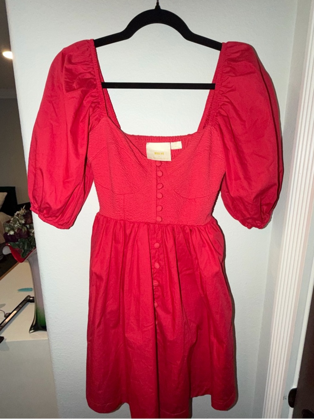Maeve Anthropologie Cotton Blend Red Puff-Sleeve Button-Front Dress Size XXS - Picture 2 of 9